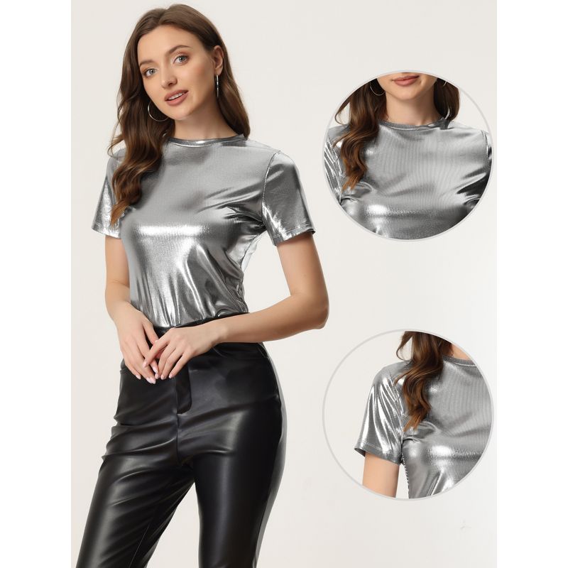 Allegra K Women's Party Metallic Short Sleeve Textured Shiny T-shirts, 3 of 7