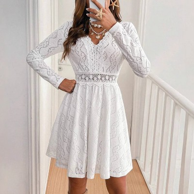 Women's Party Lace Mini Dress Long Sleeve V Neck Eyelet Embroidery Evening Dress