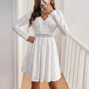 Women's Party Lace Mini Dress Long Sleeve V Neck Eyelet Embroidery Evening Dress - 1 of 4
