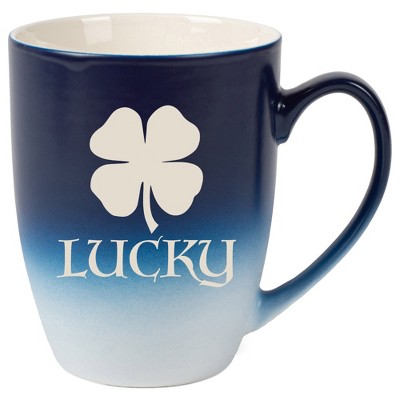 100 North Four Leaf Clover 10 Ounce Navy Blue and White Two Toned Ombre, Comfortably Fits Your Hands, Ceramic Tea Coffee Cup Mug, Lucky