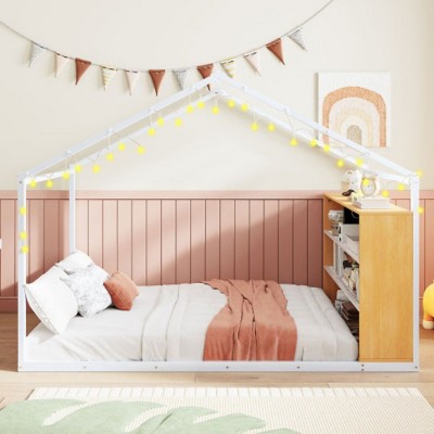 Full-Size Metal Bed Frame in House Design, Featuring Shelves and Integrated Lighting
