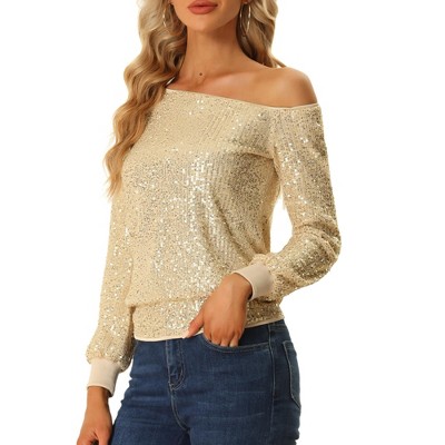 Womens Gold Sequin Top Long Sleeve V-Neck Shiny Metallic Sparkly