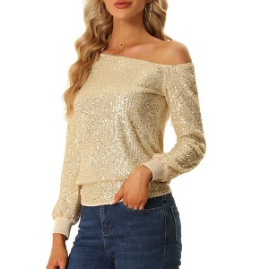 Allegra K Women's Sequin Party Sparkly Glitter Long Sleeve Off Shoulder Top - 1 of 4