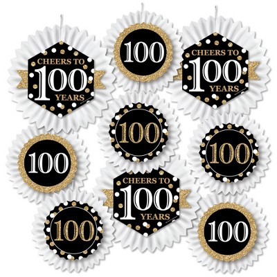 Big Dot of Happiness Adult 100th Birthday - Gold - Hanging Birthday Party Tissue Decoration Kit - Paper Fans - Set of 9