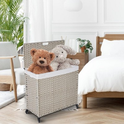 18.3"Laundry Hamper With Lid PE Rattan Powder Coating Frame Clothes Hampers with 02 Removable Bags,Brown