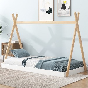 Twin Size Tent Floor Bed With X-shaped Wood Railings, Triangular Structure Twin Size House Bed, No Box Spring Required - 1 of 4