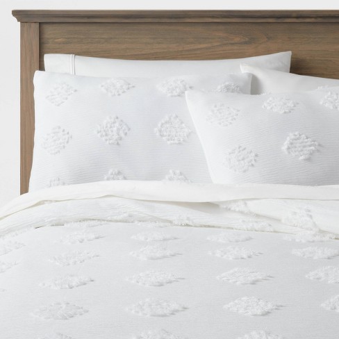 King Tufted Diamond Crinkle Duvet Cover, White Tufted King Size Bedspread