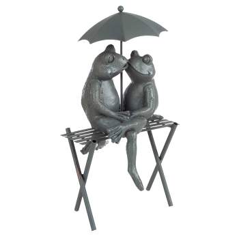 Nature Spring Small Frog Couple Under Umbrella Resin Garden Statue - 14.5", Antique Bronze