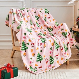 Christmas Blanket Soft Cozy Pink Throws with Snowman Snowflake Santa Claus and Xmas Trees Print,Warm Blanket Christmas Gift. - 1 of 4
