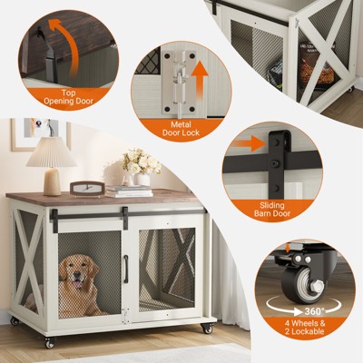 White Rolling Dog Crate Table with Dark Wood Top