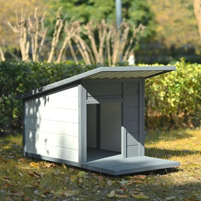 Outdoor Dog House with Stainless Bowl, Weatherproof PVC Roof Small Dogs Kennel with 4 Swivel Wheels, Pine Wood Dog Cage Pet Shelter for Small Dog