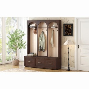 ORRD 59" Farmhouse Hall Tree with Arched Design, 8 Hooks & 3 Drawers, Entryway Bench & Shoe Organizer for Mudroom, Living Room（Black） - 1 of 4