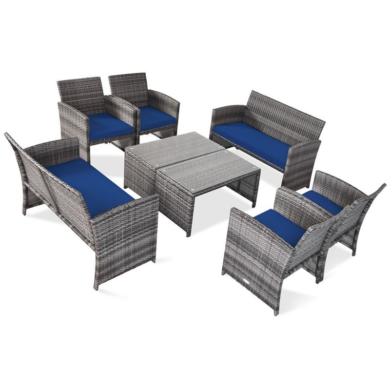 Costway 8PC Patio Rattan Furniture Set Glass Table Top Cushioned Sofa Turquoise\Red, 2 of 11