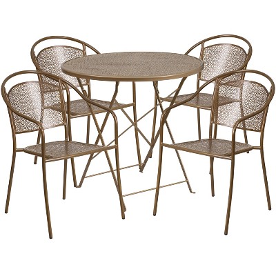 Emma and Oliver Commercial Grade 30" Round Metal Folding Patio Table Set w/ 4 Round Back Chairs