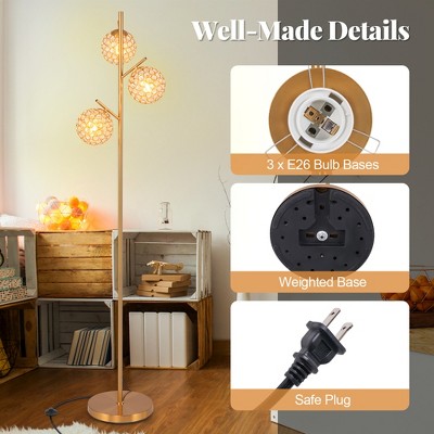 Golden 3-Globe Floor Lamp with Acrylic Shades and Metal Pole