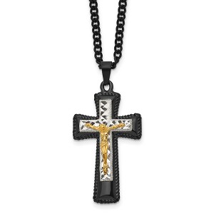 Black Bow Jewelry Men's Stainless Steel Tri-Color Crucifix Cross Necklace, 24 Inch - 1 of 4