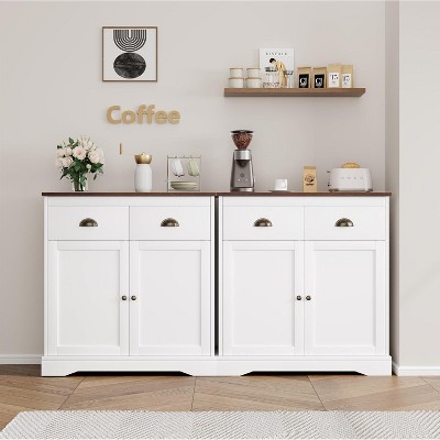 Garvee White Farmhouse Buffet Cabinet with 2 Drawers and 2 Doors ¨C Adjustable Shelves, Stain-Resistant Woodgrain Countertop