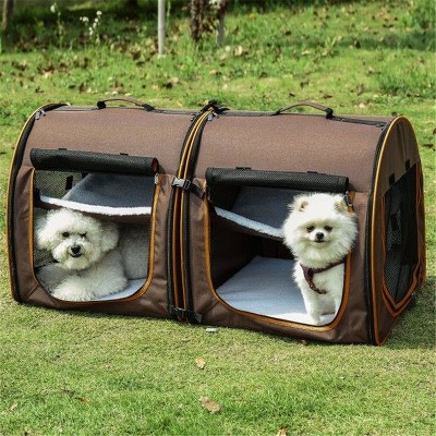 Munora 39" Portable Twin Compartment Cat Carrier - Foldable Pet Kennel with Removable Cushions & Storage Bag - Brown