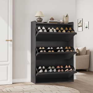 3-Tier Wooden Shoe Cabinet, Slim Shoe Storage Organizer with Flip Drawers & Adjustable Shelves, Hidden Shoe Rack for Entryway, Black - 1 of 4