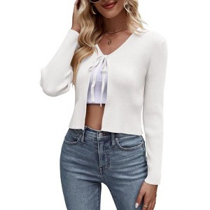 Coolmee Women's Tie Front Cardigan Long Sleeve Rib Knit Shrug for Dress Sweaters Crop Tops - 1 of 4