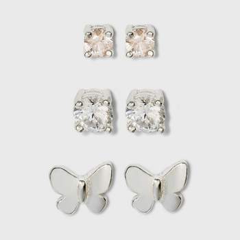 Sterling Silver Cubic Zirconia and Butterfly Stud Earring Set 3pc - A New Day™ Silver