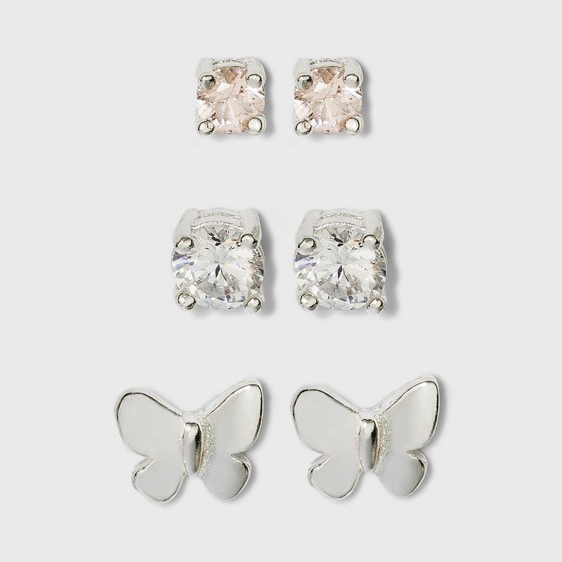 Sterling Silver Cubic Zirconia and Butterfly Stud Earring Set 3pc - A New Day&#8482; Silver, 1 of 3