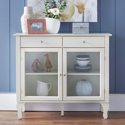 Petite Queen Anne Polished White Glass-Front Buffet with Storage