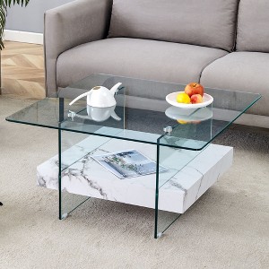 NicBex Modern 2-Tier Square Coffee Table with Storage, Clear Tempered Glass Top & Texture Open Shelf,Center Table for Living Room - 1 of 4