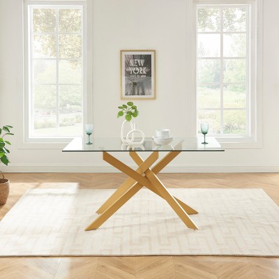 Probe Hues 58.4 Inch Dinning Table with Glass Top and Steel Legs