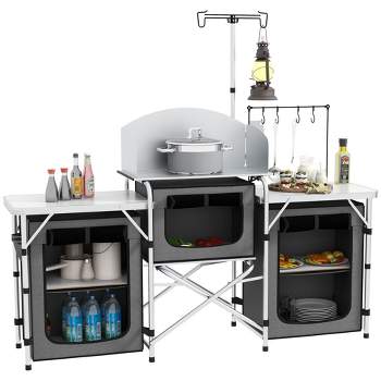 Outsunny Camping Kitchen Table, Portable Folding Camp Kitchen, Aluminum Cook Station with 3 Fabric Cupboards, Windshield, Carrying Bag, Gray