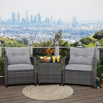 Tangkula 3PCS Patio Rattan Sofa Set Outdoor Wicker Conversation Set Glass Tabletop w/ Grey Cushion