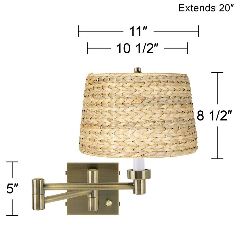 Barnes and Ivy Modern Swing Arm Wall Lamp Antique Brass Plug-In Light Fixture Woven Seagrass Drum Shade Bedroom Bedside Reading, 3 of 7