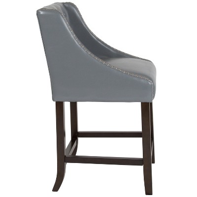 Gray Leather Tufted Walnut Counter Height Stool