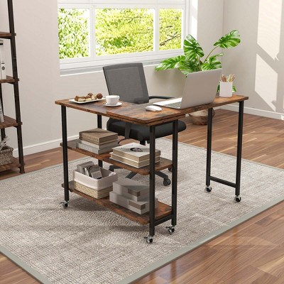 Rustic Brown Rotatable Sofa Side Table with Metal Frame