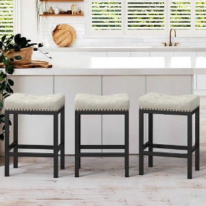 Arceso Counter Height Bar Stools, 24 Inch Saddle Backless Bar Stools Set of 3, with Black Metal Legs,  Light Beige Gray and Black - 1 of 4