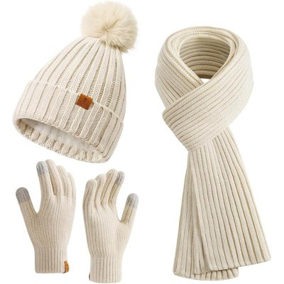 ZUPPAD Womens Long Scarf Gloves and Hat Set Cold Weather Hat Scarf Glove Set for Women Winter Beanie Hats with Pom Pom Hat and Glove Sets