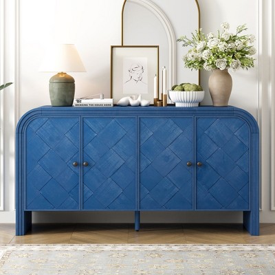 Multi-Functional MDF Sideboard-Handwoven Wood Slat Doors, Tiered Stepped Design & Premium Solid Wood Veneer for Hallways, Living Rooms, Studies