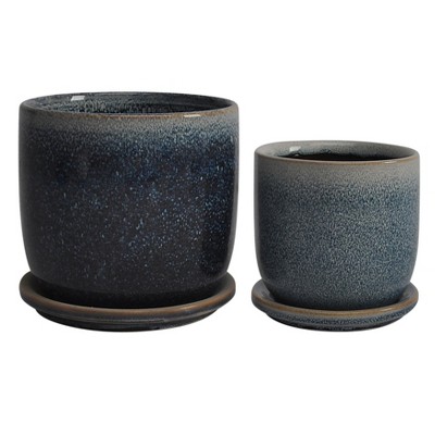 Aqua Blue Ceramic Planter Set with Saucers, 6-inch