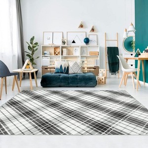 Washable Geometric Plaid Bedroom Rug, Non Slip Non Shedding Carpet, Modern Foldable Low Pile Floor Cover, Stain Resistant Hallway Mat - 1 of 4