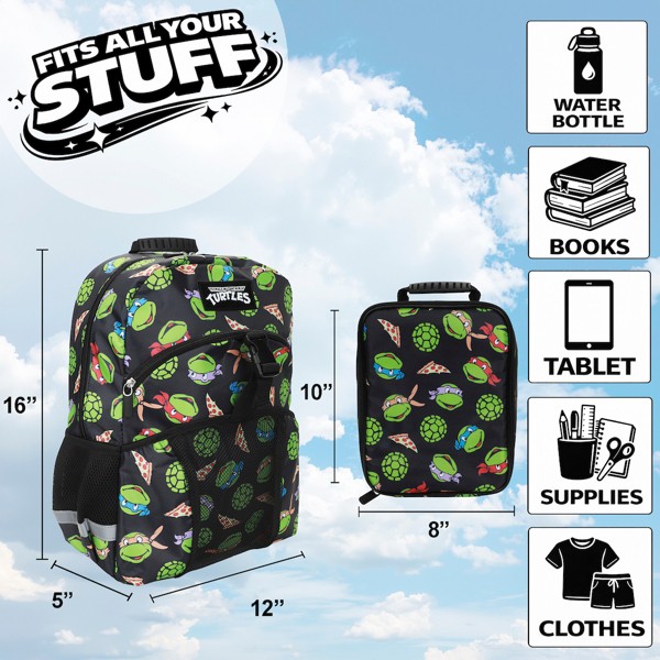 Set de 2 piezas de mochila y lonchera de 16 pulgadas para niños de TMNT Classic Retro Cartoon 2