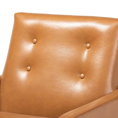 Tan Faux Leather and Walnut Brown Wood Mid-Century Lounge Chair