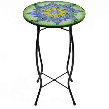 Northlight 19" Green and Blue Peacock Flower Tail Glass Patio Side Table