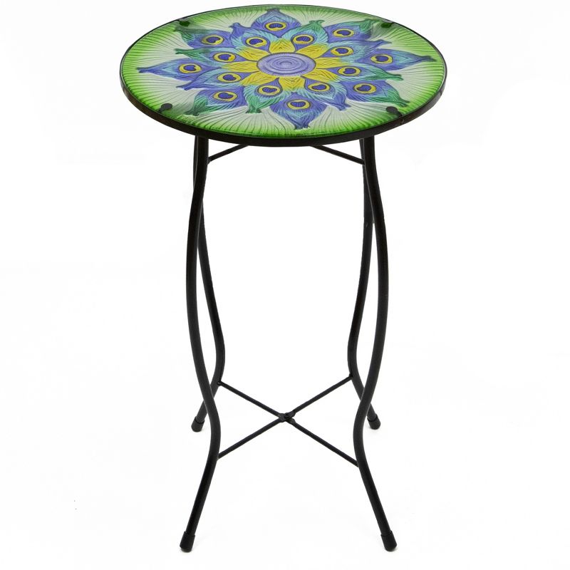 Northlight 19" Green and Blue Peacock Flower Tail Glass Patio Side Table, 1 of 5