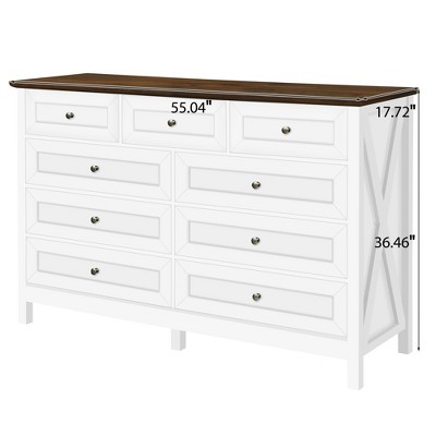 Gulches Wood Rustic Storage Dresser - 9 Drawers (2 Sizes), Silver Handle, Solid Pine Wood & MDF, White