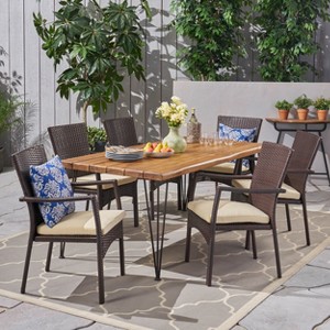 Christopher Knight Home Tatum Outdoor Wicker and Acacia Wood 7 Piece Dining Set with Cushion, Teak/Multibrown - 1 of 4