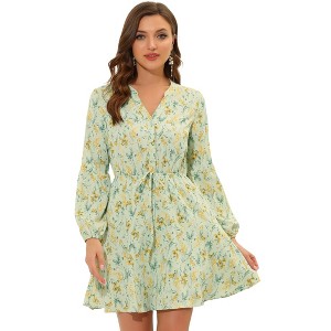 Allegra K Women's Floral Print Button Front Puff Sleeve Tie Waist Shirt Dress - 1 of 4
