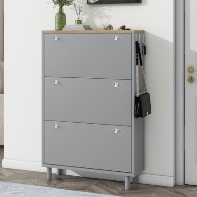 Narrow Design Tipping Bucket Shoe Cabinet with 3 Flip Drawers, Wood Grain Pattern Top Entryway Organizer with 3 Hooks, Free Standing Shoe Rack