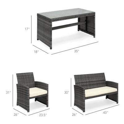Gray 4-Piece Wicker Patio Furniture Set with Cushions and Glass Table