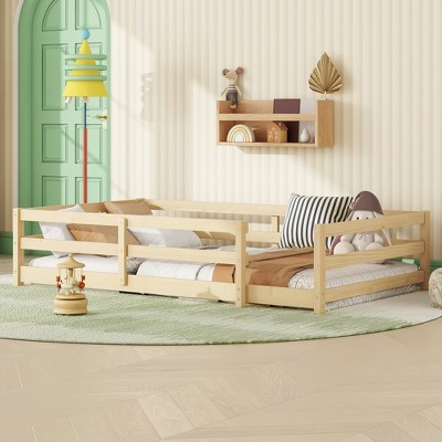 KTMBDW Twin/Full Montessori Floor Bed with High Rails, Wooden Montessori Bed Frame for Kids