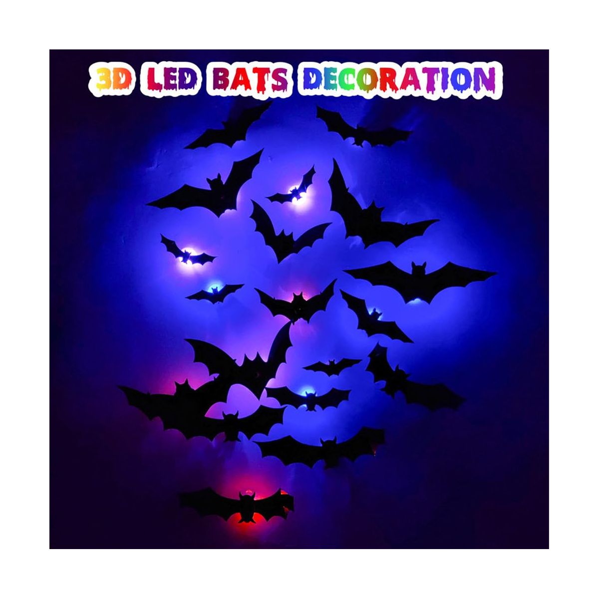 96 pack Halloween 3D Bats Wall Decor, Luminous Scary Bat Window Cling | Lighted, Assorted Size, Halloween Party Supplies for Bedroom, Home, Indoor - thumbnail 7